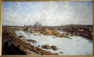 Panoraamanäkymä Pariisiin ja Ile de la Citelle vuonna 1588 Louvren katoilta, Pont Neuf rakenteilla. Theodore Joseph Hubert Hoffbauerin (1839-1922) maalaus 1890