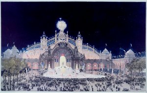 Maailmanlaajuinen näyttely: "" Näkymä Electriciten palatsista ja vesilinnasta Pariisissa vuonna 1900"" Fedor Hoffbauerina tunnetun Theodore Joseph Hubert Hoffbauerin (1839-1922) vedos. 1900 Pariisi, Musee Carnavalet tekijältä Theodor Josef Hubert Hoffbauer