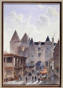 Näkymä Grand Chatelet -kadulle Rue Saint Denisiltä Pariisissa, Theodor Josephin vesiväri tekijältä Theodor Josef Hubert Hoffbauer