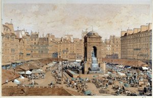 Näkymä Marche-kadulle ja viattomien lähdettä Pariisissa 1800-luvulla. Theodore Joseph Hubert Hoffbauerin (1839-1922) akvarelli 1800-luvulla Pariisi, Musee Carnavalet