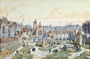 Näkymä viattomien hautausmaalta Pariisissa vuonna 1550. Akvarelli Theodore Joseph Hubert Hoffbauer (1839-1922) 1800-luvun Pariisi, Musee Carnavalet