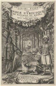 Kaksi miestä ja villieläimiä metsän edessä Nimilehti: Indiae Utriusque, 1658 tekijältä Theodor Matham