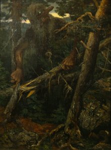 Vanha peikko katkaisee puita metsässä tekijältä Theodor Kittelsen