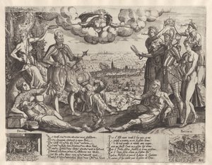 Oranjen ja Alvan vertailu, taustalla Espanjan raivo, n. 1577 tekijältä Theodor de Bry (attributed to)
