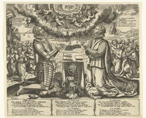 William of Orange ja Charlotte of Bourbon polvillaan maisemassa tekijältä Theodor de Bry (attributed to)