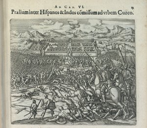 Taistelu espanjalaisten ja intiaanien välillä Cuzcon porteilla, 1596. tekijältä Theodor de Bry