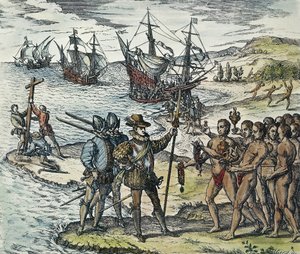 Kolumbuksen laskeutuminen Intiaan. 1594 (ksylografia)