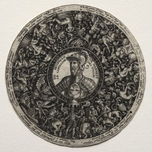 Suunnittelu medaljoneilla varustettuun astiaan tekijältä Theodor de Bry
