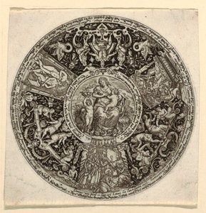 Suunnittelu kaiverretulle tazzalle, jossa on hyväntekeväisyyden allegoria tekijältä Theodor de Bry