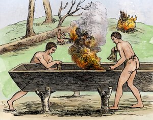 Intiaanit valmistavat kanootin, näyttävät puunrunkoa nuotiolla ja kaivavat yrttien kanssa. Theodore De Bryn kaiverrus 1590, värikäs 1800-luvulla.