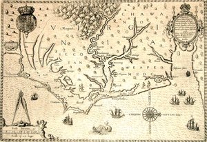 Theodore de Bryn kaivertama kartta vuodelta 1590 englantilaisen Roanoken kuvernöörin John Whiten akvarellin mukaan. Virginia ja rannikko, jossa on pieniä saaria ja Roanoke joen suulla. Secotan ja Weapemeoc kotimaat. tekijältä Theodor de Bry
