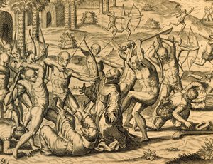Lähetyssaarnaamunkkien marttyyrikuolema Etelä-Amerikassa, kaiverrus Historia americaesta, Theodor de Bry (1528-1598), Frankfurt