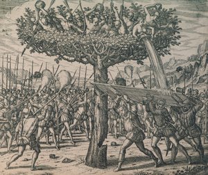 Alkuasukkaat piiloutuvat puihin taistelemassa valloittajia vastaan tekijältä Theodor de Bry