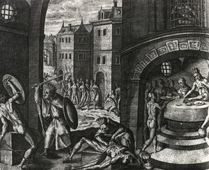 Pappi tappaa valetaistelun uhrin ja nahkaa sitten ruumiin, Meksiko, kaiverrus Peregrinationesista, kirjoittanut Theodor de Bry (1528-1598), Keski-Amerikka tekijältä Theodor de Bry