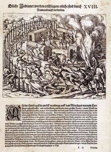 Etelä-Amerikka: Espanjalaiset valloittajat polttavat ja ryöstävät alkuperäiskansojen kylän.