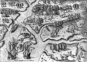 Ranskalainen retkikunta laskeutuu Port Royaliin, Floridaan. tekijältä Theodor de Bry