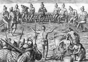 Timucua-intiaani ranskalaisten tutkimusmatkailijoiden kanssa tekijältä Theodor de Bry