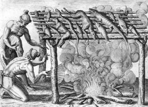 Timucuan intiaanit kuivaamassa ruokaa tekijältä Theodor de Bry