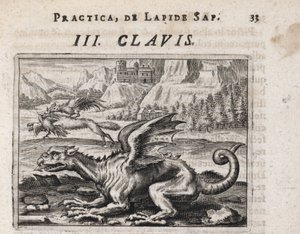 Taustalla lohikäärme, kanavarastava susi, kukon kimppuun - Kaiverrus Theodore de Bry (1528-1598) Michael Maierin alkemian tutkielmaan "Tripus avreus, hoc est, Tres tractatus chymici selectissimi" (1569-1622) tekijältä Theodor de Bry
