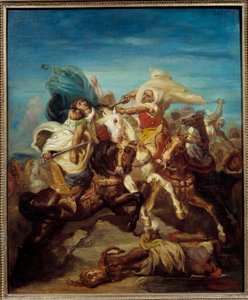 Theodore Chasseriau (1819-1856) maalaus arabien ratsumiesten taistelusta 1856 su. 0,65x0,54 m tekijältä Théodore Chassériau