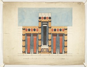 Maalaus, jossa kuvataan uudelleen Keski-kolmiosainen pyhäkkö Knossoksen Minoksen palatsin keskusoikeudessa (Evans Architectural Plans WW/15) tekijältä Theodore Fyfe