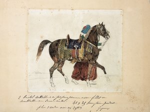 Valjastettu hevonen mamelukin johdolla, taustalla kaksi pyramidia (kynä ja akvarelli paperille) tekijältä Theodore Gericault