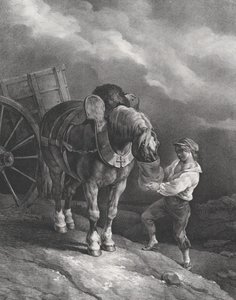 Poika ruokkimassa kärryhevosta nenäpussista, 1822. tekijältä Theodore Gericault