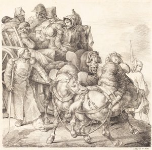 Kärry täynnä haavoittuneita sotilaita (Chariot charge de soldats siunaa) tekijältä Theodore Gericault