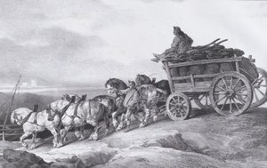Hiilivaunu [sic.] Hevosten piirtämä, 1822. tekijältä Theodore Gericault