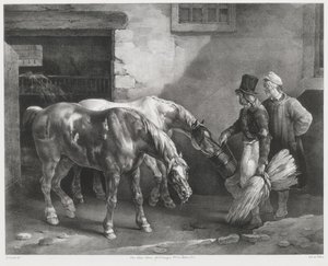 Kaksi postiainetta tallin ovella (Two Post-Horses at a Stable Door) tekijältä Theodore Gericault
