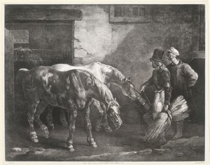 Kaksi postiahevosta tallin ovella (Two Post-Horses at a Stable Door) tekijältä Theodore Gericault