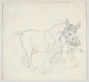 Aasi, joka pitää koiraa suussaan (etupuoli); luonnos koirien jahtaamasta hirvestä, naarashirven pää (takapuoli) tekijältä Theodore Gericault