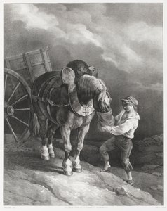 Poika, joka syöttää kauraa kiinnitetylle hevoselle (A Boy Giving Oats to a Hitched Horse) tekijältä Theodore Gericault