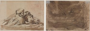 Géricault - Mies tarttuu hevoseen vedessä, Poussinin vedenpaisumuksen jälkeen (etusivu); sävellyssuunnitelma (mahdollisesti Poussinin vedenpaisumusta varten) (kääntöpuoli), noin 1816. tekijältä Theodore Gericault
