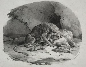 Leijonan syömä hevonen tekijältä Theodore Gericault