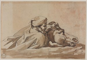 Mies tarttuu hevoseen vedessä, Poussinin "Vedenpaisumus" -teoksen mukaan (oik.), noin 1816 (tussi ja ruskea muste sekä sivellin ja ruskea pesu grafiitin päällä). tekijältä Theodore Gericault