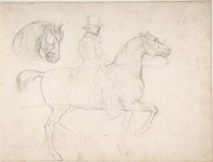 Mies hevosen selässä ja hevosen pään luonnos tekijältä Theodore Gericault