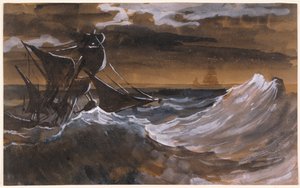 Purjevene raivoavalla merellä, n. 1818-1819 (sivellin ja ruskea pesu, akvarelli mustalla liidulla) tekijältä Theodore Gericault