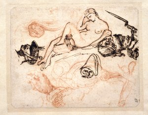 Tutkielma-arkki, jossa on Michelangelon "Yö", krenatööri ja muita luonnoksia tekijältä Theodore Gericault