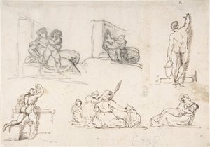 Kuusi piirustusta, joista neljä teokseen ”Köyhä italialainen perhe” tekijältä Theodore Gericault