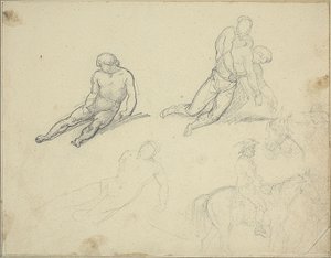 Luonnokset: makuuasennossa alaston, mies tukee vartaloa tekijältä Theodore Gericault