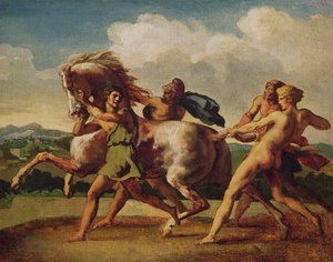 Orjat pysäyttävät hevosen, tutkimus "The Race of the Barbarian Horses", 1817 tekijältä Theodore Gericault