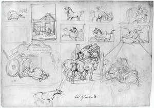 Hevosia esittävä kuva (etupuoli); Vaunu, jota seuraa kyltin kantaja (takapuoli) tekijältä Theodore Gericault