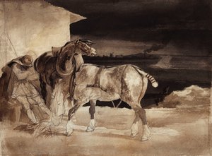 Kaksi hevosta ja nukkuva sulhanen, n. 1822-1823 tekijältä Theodore Gericault