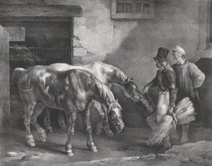 Kaksi postihevosta tallin ovella, 1822. tekijältä Theodore Gericault