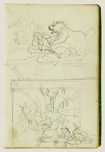 Kaksi sävellystutkimusta leijonanmetsästyksestä tekijältä Theodore Gericault