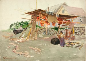 Lohen kuivaus, Indian Village, Alaska, n. 1880-1914.