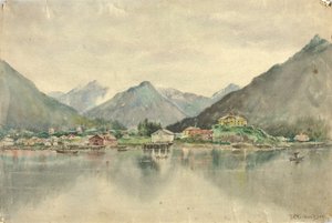 Sitka saarilta, näkymä venäläislinnaan, 1888 tekijältä Theodore J. Richardson