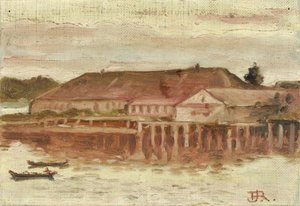 Kauppaposti- ja laiturirakennukset, Sitka, Ilta, n. 1880-1914. tekijältä Theodore J. Richardson