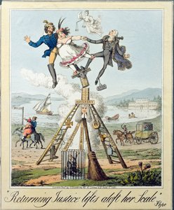 Returning Justice Lifts Aloft Her Scale, julkaisija G. Humphrey, Lontoo, 1821 (kaiverrus paperille)